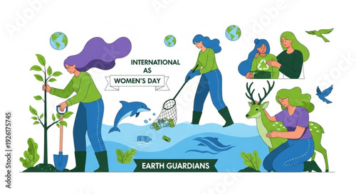 Women as earth guardians environmental protection and conservation efforts illustrated with vibrant characters and eco friendly activities