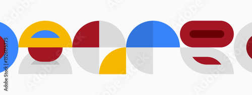 Colorful geometric shapes form logo. Circles, rectangles overlap creating playful design. Bright hues dominate composition.