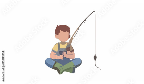 Adorable Little Fisher Boy Sitting with Fishing Rod Cartoon Vector on White