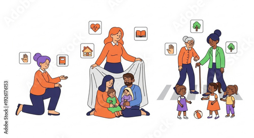 Diverse family generations interacting and caring for one another in a heartwarming illustration with vibrant colors and simple shapes