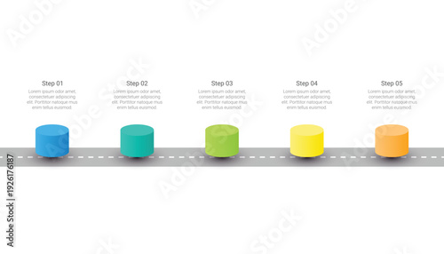 Roadmap Infographic With Five Colorful Cylinder Steps On Highway Road