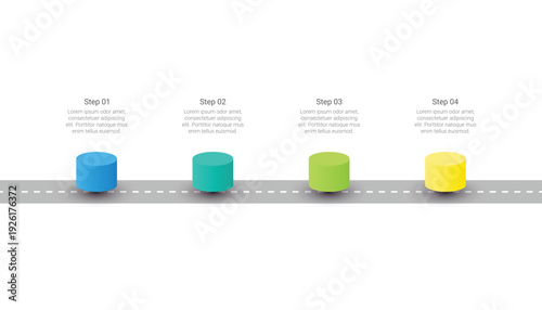 Roadmap Infographic With Four Colorful Cylinder Steps On Highway Road