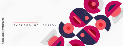 Abstract geometric shapes overlap, creating dynamic visual texture. Pink, gray, purple hues dominate simple background.