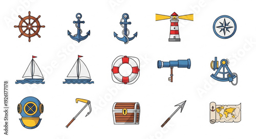 Collection of nautical themed illustrations, perfect for maritime design and ocean exploration.