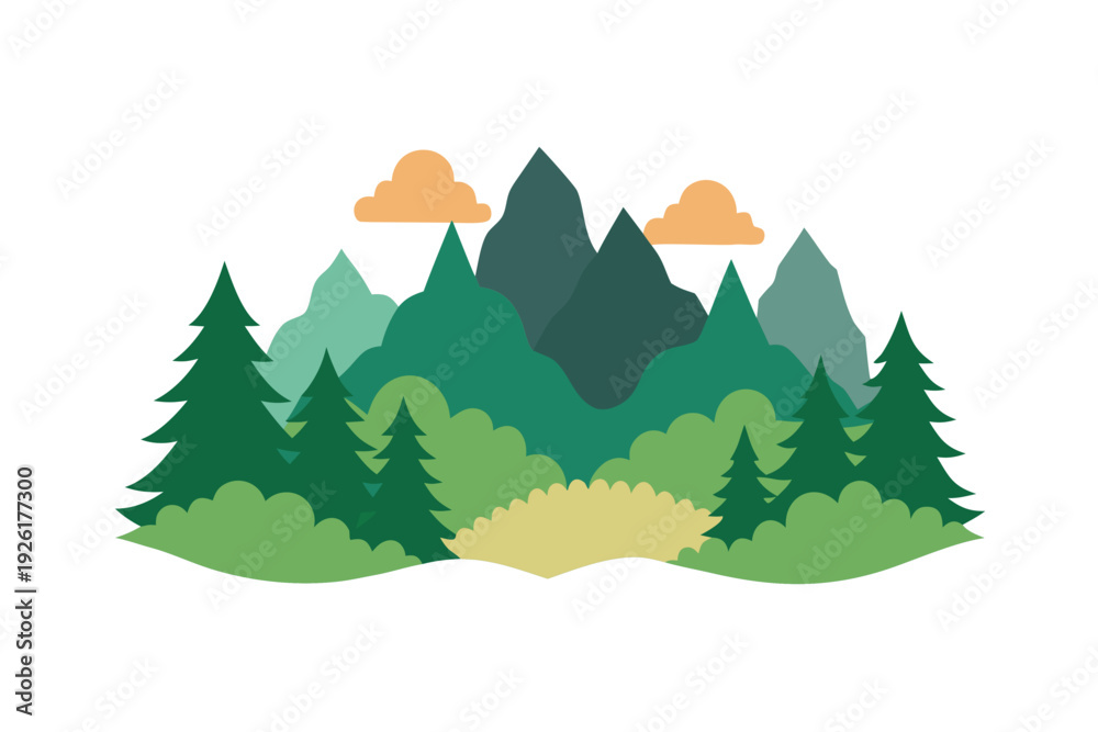 Fototapeta premium A minimalist vector graphic illustration of a mountain landscape with trees and clouds