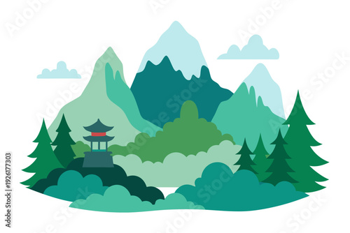 A serene vector illustration of a pagoda in a mountainous landscape with trees and clouds