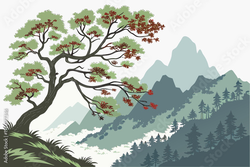 A serene vector illustration of a tree with red flowers and green leaves in a mountainous landscape