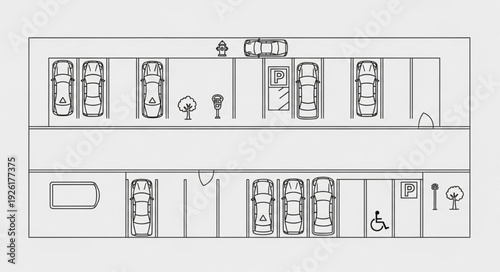 Parking lot with cars, trees, and disabled parking space, top view.