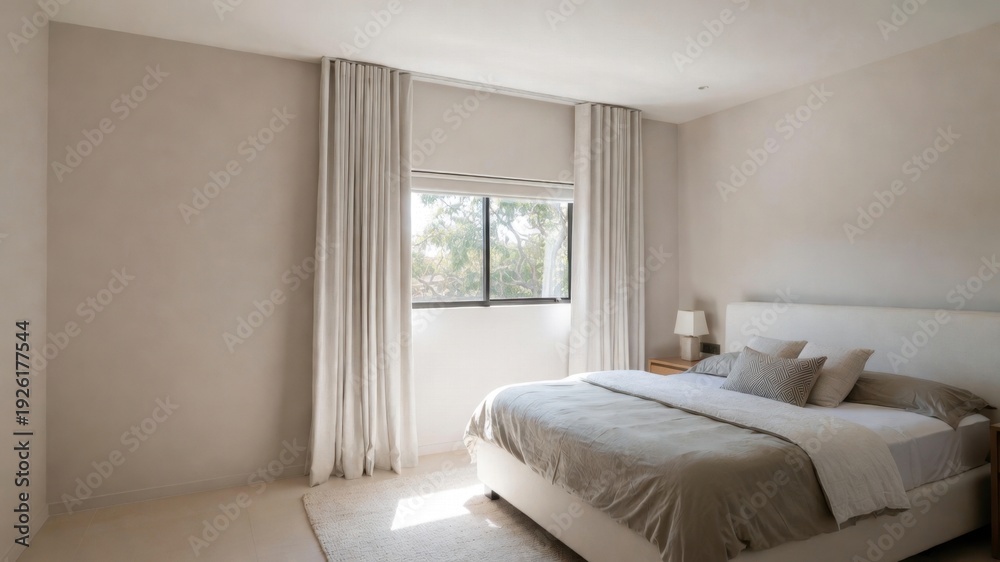 Fototapeta premium Bedroom with a white bed and white curtains. The curtains are open, letting in sunlight. The room is clean and simple, with a neutral color scheme