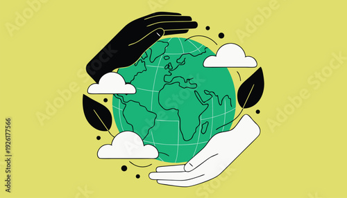 A clean flat vector illustration of environmental protection featuring a green Earth surrounded by fresh leaves and plants, Environmental Protection Concept