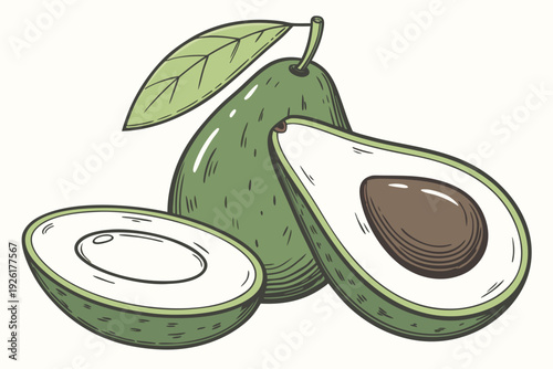 A vibrant illustration of three avocados with one cut open to reveal its pit and creamy interior