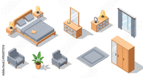 Isometric bedroom furniture set with bed, dresser, chairs, and wardrobe for interior design.