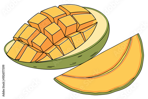 A vibrant illustration of a cut mango with slices on a plate, showcasing its juicy pulp and green skin.