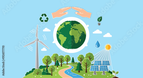 A clean flat vector illustration of environmental protection featuring a green Earth surrounded by fresh leaves and plants, Environmental Protection Concept