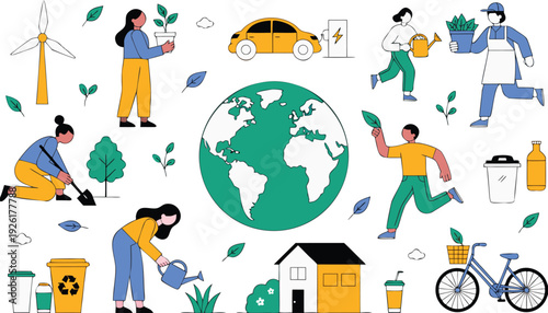 A clean flat vector illustration of environmental protection featuring a green Earth surrounded by fresh leaves and plants, Environmental Protection Concept