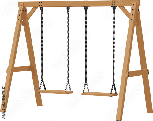 Vector illustration of a classic outdoor wooden playground swing set with two seats and black chains isolated on a white background for park designs.