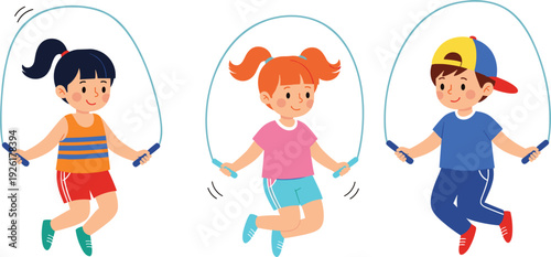 Vector illustration set of cute diverse children jumping rope and skipping for physical education, fitness, school recess, and healthy active lifestyle themes.
