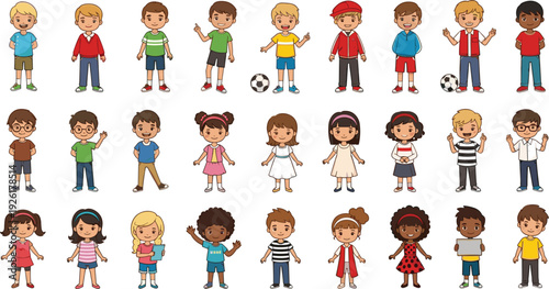 Vector set of diverse cute children characters and avatars in various outfits including students, athletes with soccer balls, and kids in casual summer clothing.