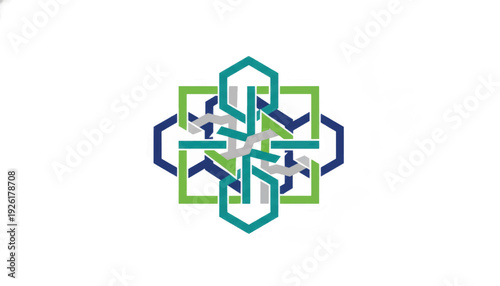 Geometric nanotechnology structure logo. Abstract molecular lattice and chemical bond symbol. Flat design vector illustration