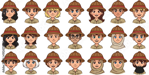 Vector avatar set of diverse children and adults wearing safari hats and explorer outfits for adventure, summer camp, scouting, and outdoor education themes.