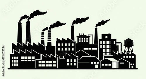 Industrial complex silhouette with smokestacks emitting pollution into the atmosphere.