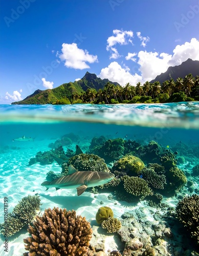 A serene underwater scene with coral reef and tropical island background