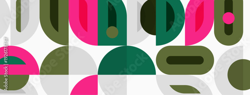 Abstract geometric pattern. Overlapping shapes create colorful, modern design. Pink, green, gray hues dominate composition.
