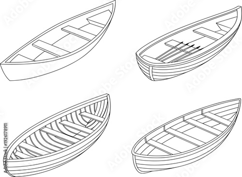 Hand drawn vector set of wooden rowboats, nautical sketches for lake fishing, and vintage small boat illustrations