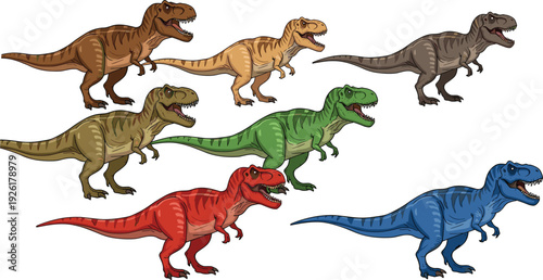 Vector illustration set of Tyrannosaurus Rex dinosaurs in multiple colors including green, red, blue, and brown for children education and prehistoric theme designs.