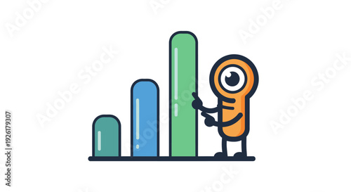 Illustration of a cartoon character pointing at a bar graph representing business growth and financial progress