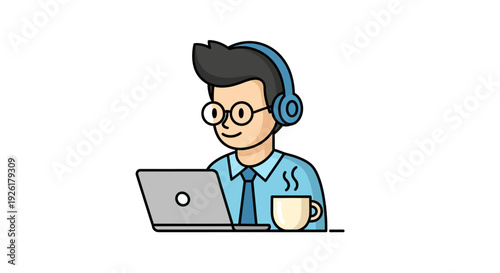 Illustration of a man wearing headphones working on a laptop with a coffee mug on his desk