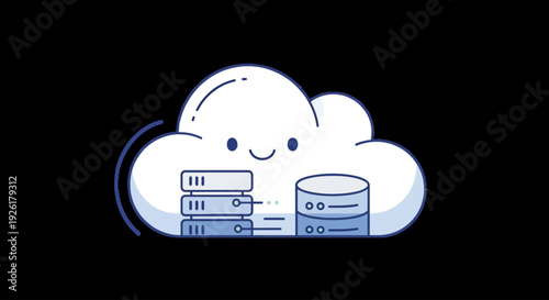 Cloud computing server network data storage illustration with happy face on cloud