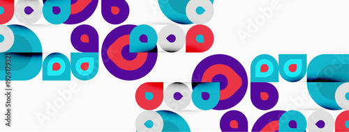 Abstract colorful circles overlap white background. Modern design, vibrant hues create playful composition. Simple shapes, geometric pattern.