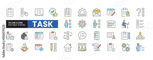 Collection of various task management icons in a grid layout on a white background viewed from directly above