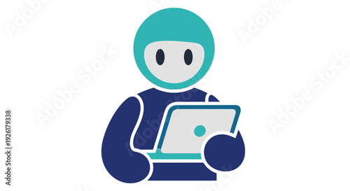 Modern vector icon depicting a stylized figure, potentially a human or robot, deeply engaged with a digital device like a laptop or tablet, symbolizing advanced technology, computing, and online work