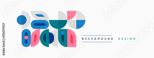 Abstract shapes overlap, creating colorful background design. Pink, blue, teal hues dominate composition. Minimalist aesthetic.