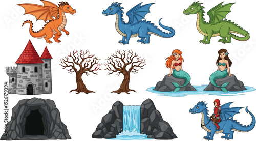 Tropical summer vacation vector collection with beach islands, palm trees, ocean waves, pelican, starfish, seashell, tourist characters, bikini, suitcase, lifebuoy, and sun umbrella.