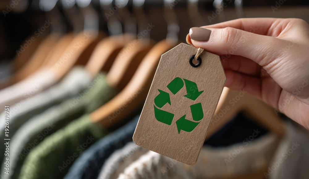 Obraz premium Hand Holding Eco-Friendly Recycling Tag on Sustainable Clothing Rack.