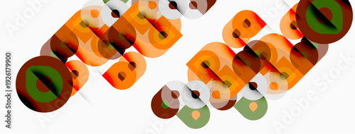 Abstract graphic design features repeating text elements. Colors include orange, green, brown. Shapes appear layered, creating depth.
