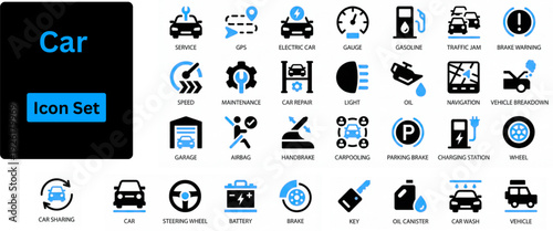 Car solid icon set. Car repair icon set - service, car mechanic, car, and auto parts icon collection. Solid icons set. 