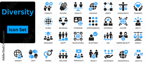 Diversity solid icon set. Diversity and inclusion solid icon set. Unity, community, equality symbols collection. Solid icons set. 