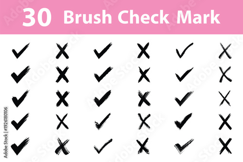 30 set of grunge vector checkmark and cross icon. Brush correct or incorrect sign. Hand drawn sketch doodle brush marker checklist symbol wrong right icon.
