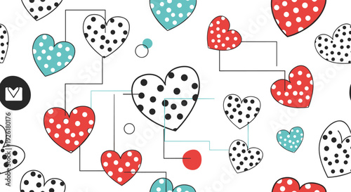 Modern seamless Valentine's Day pattern with red, teal, and outlined polka dot hearts connected by abstract lines on a white background.
