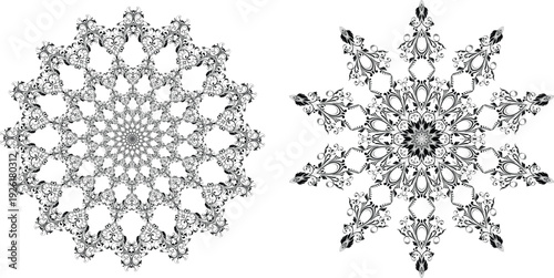Set of 2 Intricate Snowflake Mandala Vector Illustration Black White Pattern