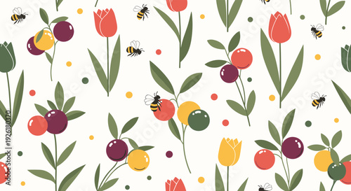 Lovely spring-themed seamless pattern with colorful tulips, berry branches, and busy bumblebees on a clean white background for a fresh feel.