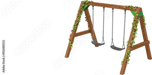 Wooden garden swing set for backyard playground featuring two seats and a timber frame decorated with green climbing vine plants vector.