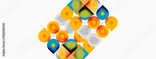 Abstract colorful pattern. Geometric shapes overlap creating dynamic visual texture. Bright hues dominate composition.