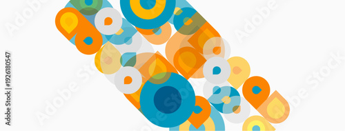 Abstract colorful circles overlap, creating dynamic composition. Shapes vary sizes, hues, forming interesting pattern.