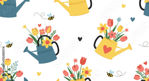 Charming seamless spring pattern with colorful watering cans filled with bouquets of tulips and daffodils, surrounded by bees and hearts.