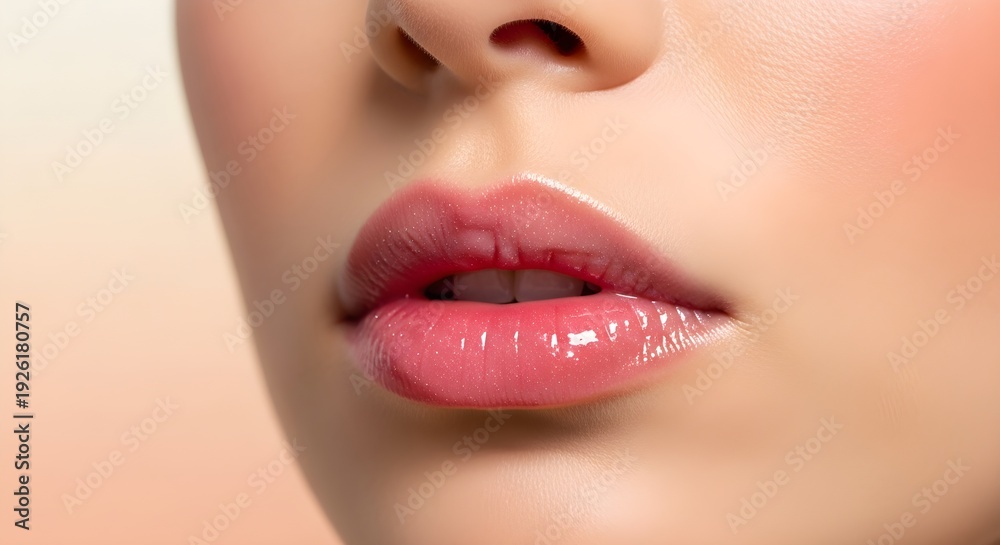 Obraz premium Beautiful Full Lips With Glossy Pink Lipstick and Soft Skin Texture Close-up